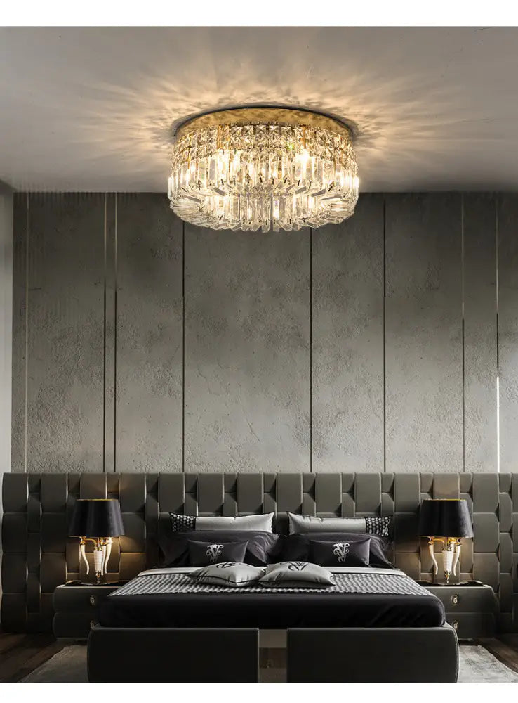 DecorBites™ crystal LED chandelier ceiling light gold with circular frame and faceted crystals for modern dining room