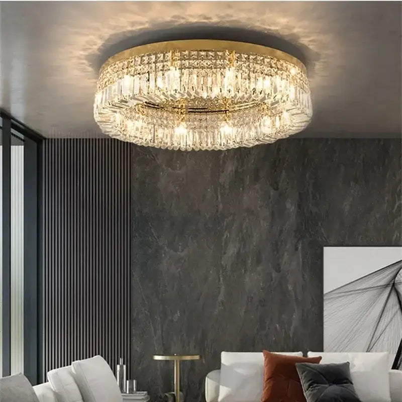 DecorBites™ crystal LED chandelier ceiling light in gold with faceted crystal prisms for modern dining room ceiling light