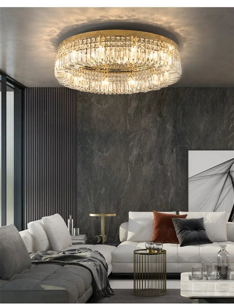 Gold-toned decorbites crystal led chandelier ceiling light with cascading prisms for modern crystal ceiling or dining room