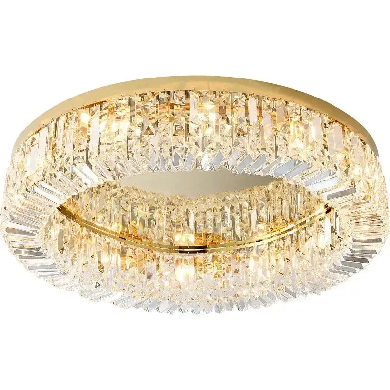 Gold-toned DecorBites™ crystal LED chandelier ceiling light with two concentric rings of faceted prisms for dining room