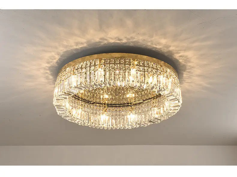 DecorBites™ gold crystal LED chandelier ceiling light with tiers of faceted glass prisms for modern dining room ambiance