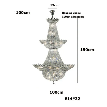 A three-tiered silver decorbites crystal led chandelier with cascading clear faceted crystals for living room lighting