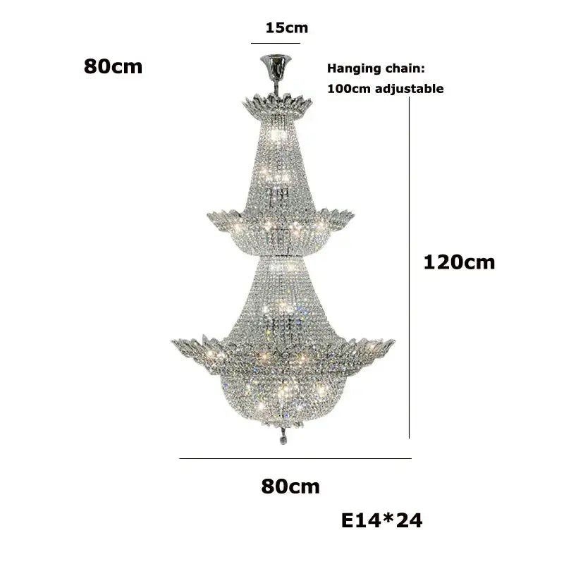 A three-tiered Decorbites crystal led chandelier with chrome frame and clear faceted crystals for living room lighting