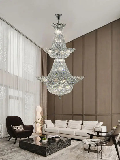 A multi-tiered decorbites crystal led chandelier with polished chrome finish for elegant living room lighting