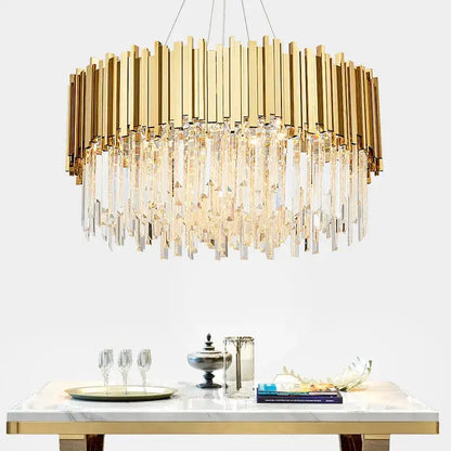 Gold-toned decorbites crystal led chandelier with vertical bars and cascading crystal prisms for living room lighting