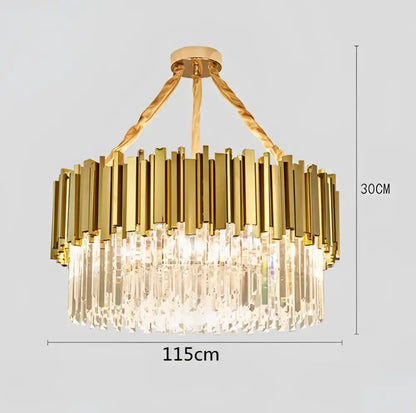 Gold-toned decorbites crystal led chandelier with vertical brass bars and cascading crystal prisms for living room