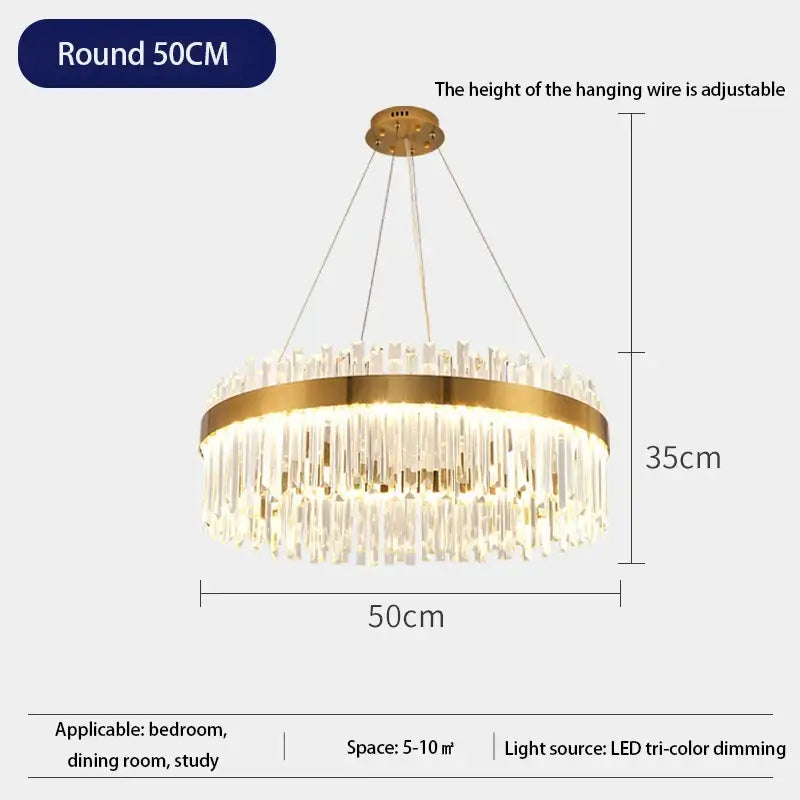 A modern decorbites crystal led chandelier with gold metal frame and clear crystal prisms for dining room lighting