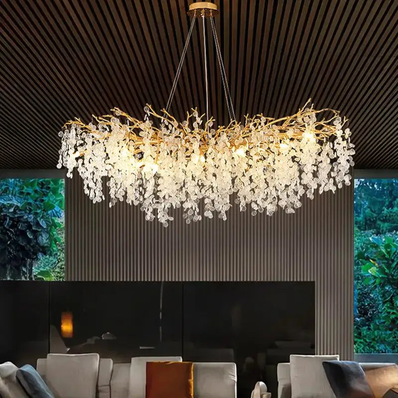 Decorbites crystal led chandelier gold floral light with cascading clear crystal droplets for dining room use
