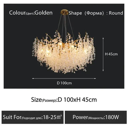 Decorbites crystal led gold floral chandelier with round frame and dangling crystals for dining room lighting