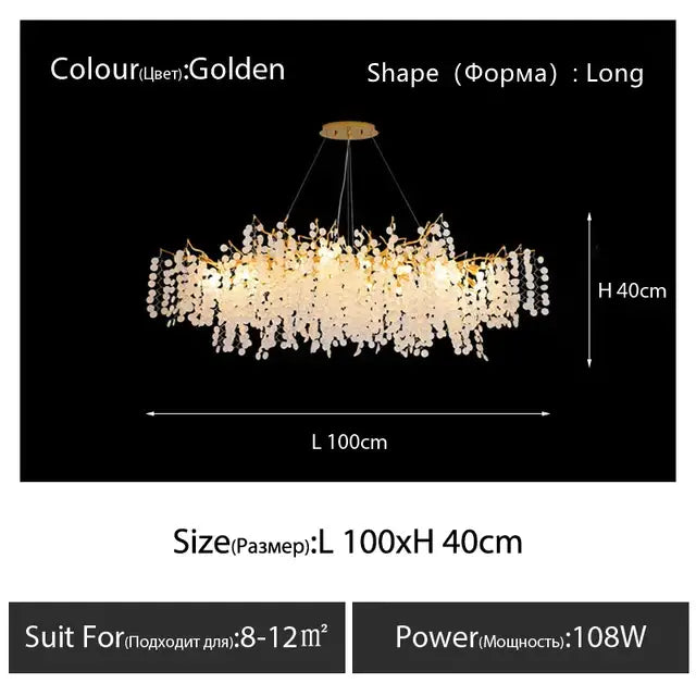 Golden decorbites crystal led chandelier with cascading crystal droplets and central illuminated panel for dining room