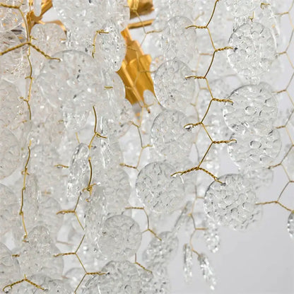 Clear textured glass grape-like pendants on gold-toned wire frame in decorbites crystal led chandelier for dining room