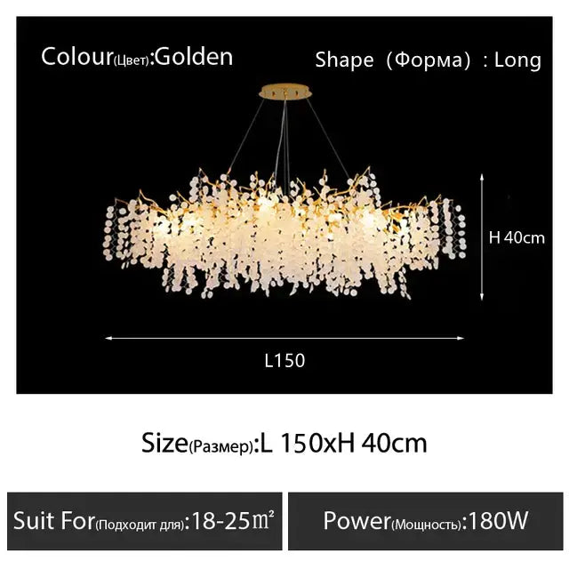 Golden decorbites crystal led chandelier with cascading crystal droplets and floral design for dining room lighting