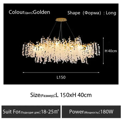 Golden decorbites crystal led chandelier with cascading crystal droplets and floral design for dining room lighting