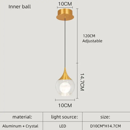 Gold-toned decorbites crystal led pendant light with clear crystal globe and aluminum inner ball, adjustable 120cm length