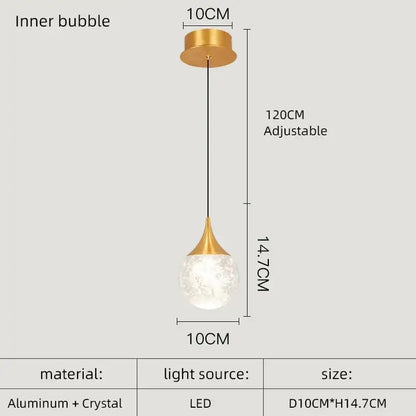 Gold-toned decorbites crystal led pendant light with crystal globe and aluminum fixture, adjustable 120cm hanging length