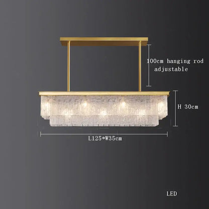 Gold-toned decorbites crystal led rectangular chandelier with layered textured glass panels for dining room lighting