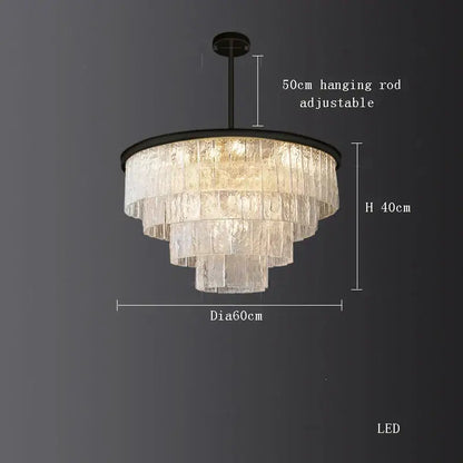 Elegant decorbites crystal led chandelier with tiered clear textured glass panels and matte black metal frame for dining room