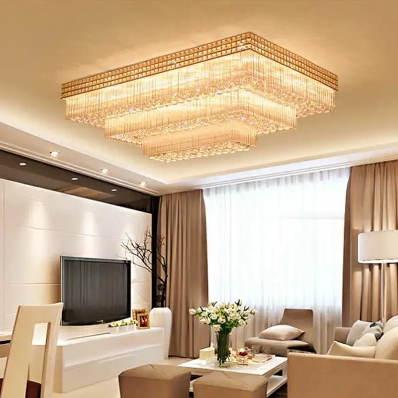 Rectangular decorbites crystal led chandelier ceiling lamp with gold tiered clear and golden-toned crystals for living room