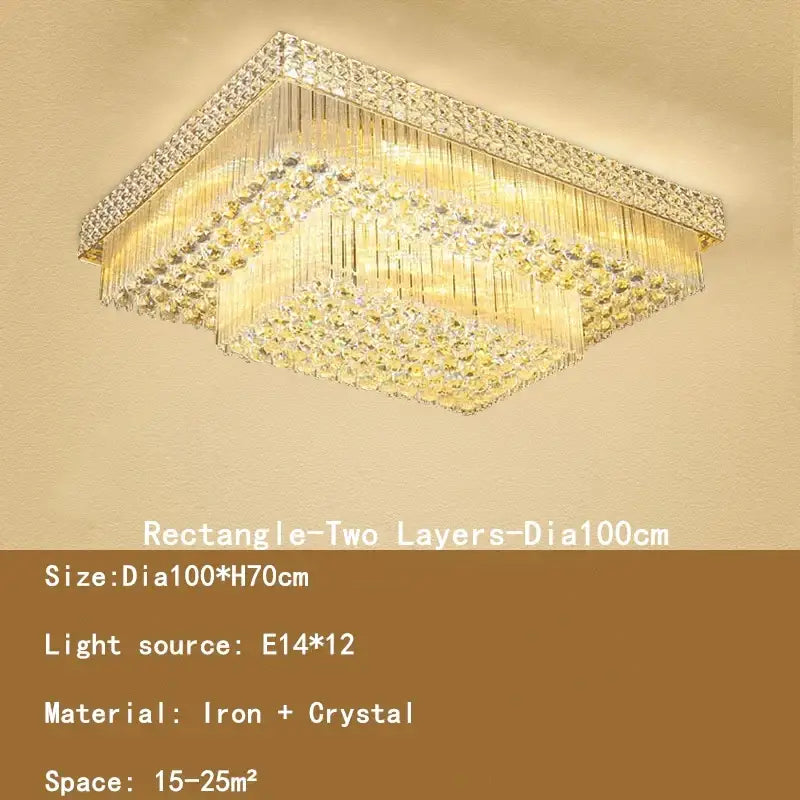Rectangular two-layer decorbites crystal led chandelier in golden iron with clear crystals for living room ceiling lamp