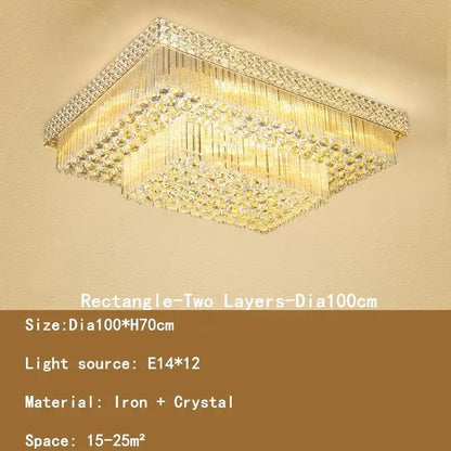 Rectangular two-layer decorbites crystal led chandelier in golden iron with clear crystals for living room ceiling lamp