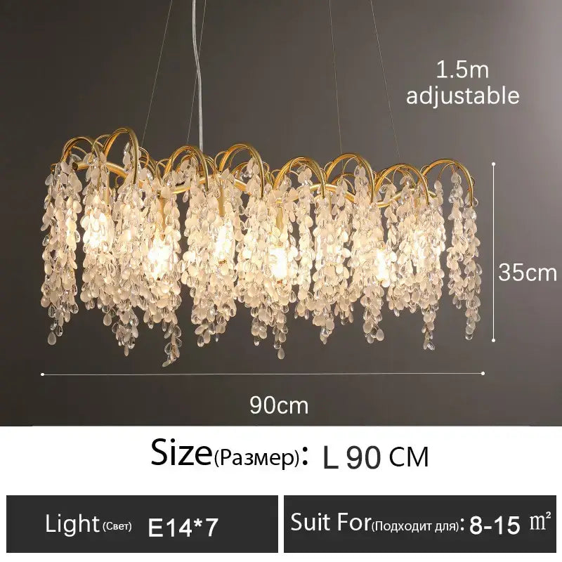 Gold-toned decorbites crystal led chandelier with cascading clear crystal droplets and adjustable 1.5-meter length for elegant dining rooms