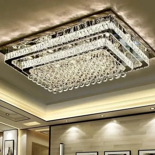 Rectangular decorbites crystal led chandelier with layered faceted glass tiers and silver chrome teardrop crystals