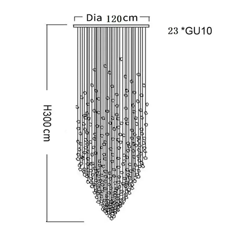 A decorbites crystal led chandelier with 23 gu10 lights in cascading metallic strands 300 cm high for luxury staircases