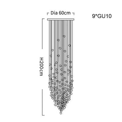 A decorbites crystal led chandelier with 9 gu10 lights and 200cm height featuring sleek cascading glass design