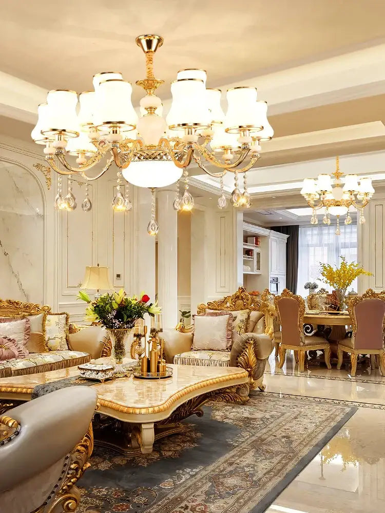Gold-toned decorbites crystal led pendant chandelier with frosted glass shades and crystal droplets for living room use