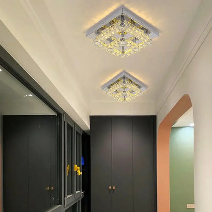 Decorbites crystal led square ceiling lamp with chrome frame and warm yellow lighting for living room use