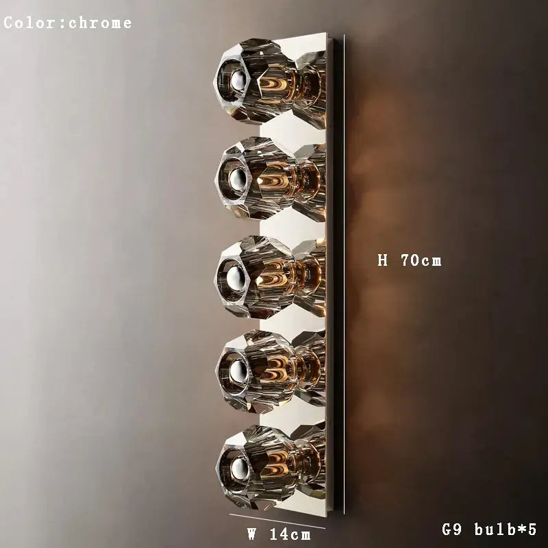 Modern luxury crystal led wall sconce with chrome finish and five faceted shades for bedroom decorbites crystal led wall use
