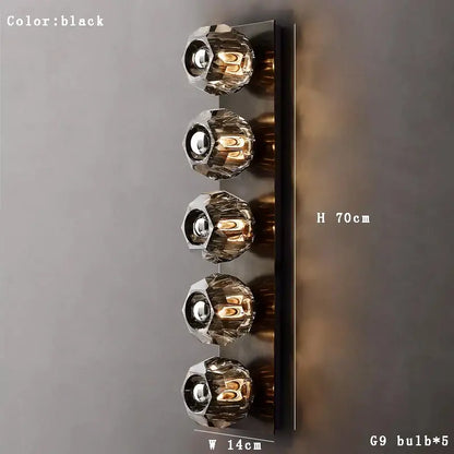 Black wall sconce with five faceted crystal globe bulbs decorbites crystal led luxury bedroom glass globe light