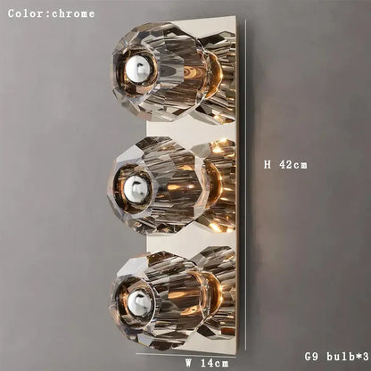 Modern luxury chrome-finished wall sconce with three faceted crystal led bulbs for bedroom decorbites crystal led wall use
