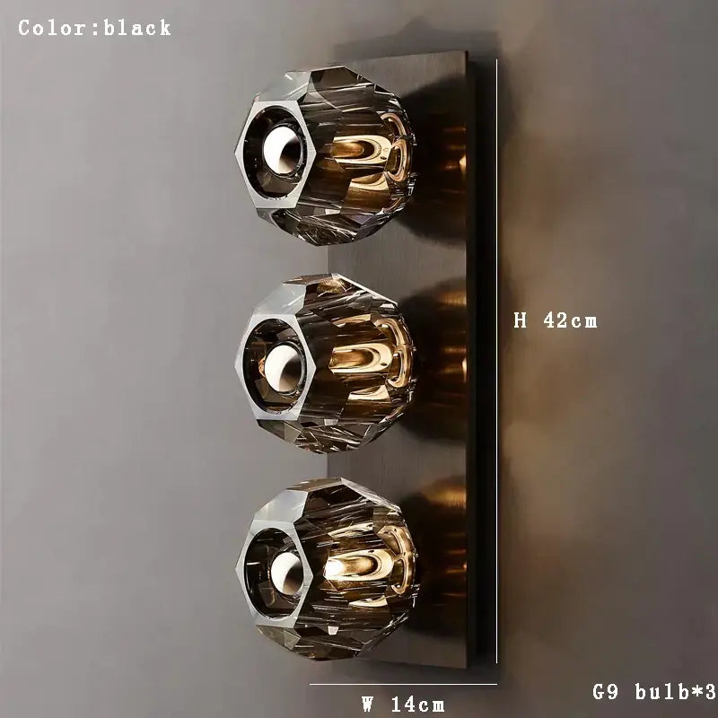 Black wall sconce with three faceted crystal globes and g9 bulbs modern luxury decorbites crystal led fixture