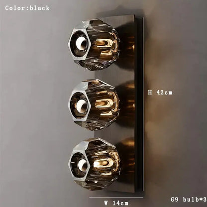 Black wall sconce with three faceted crystal globes and g9 bulbs modern luxury decorbites crystal led fixture