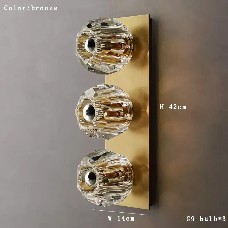 Bronze wall sconce with three clear faceted crystal globes modern luxury decorbites crystal led bedroom light