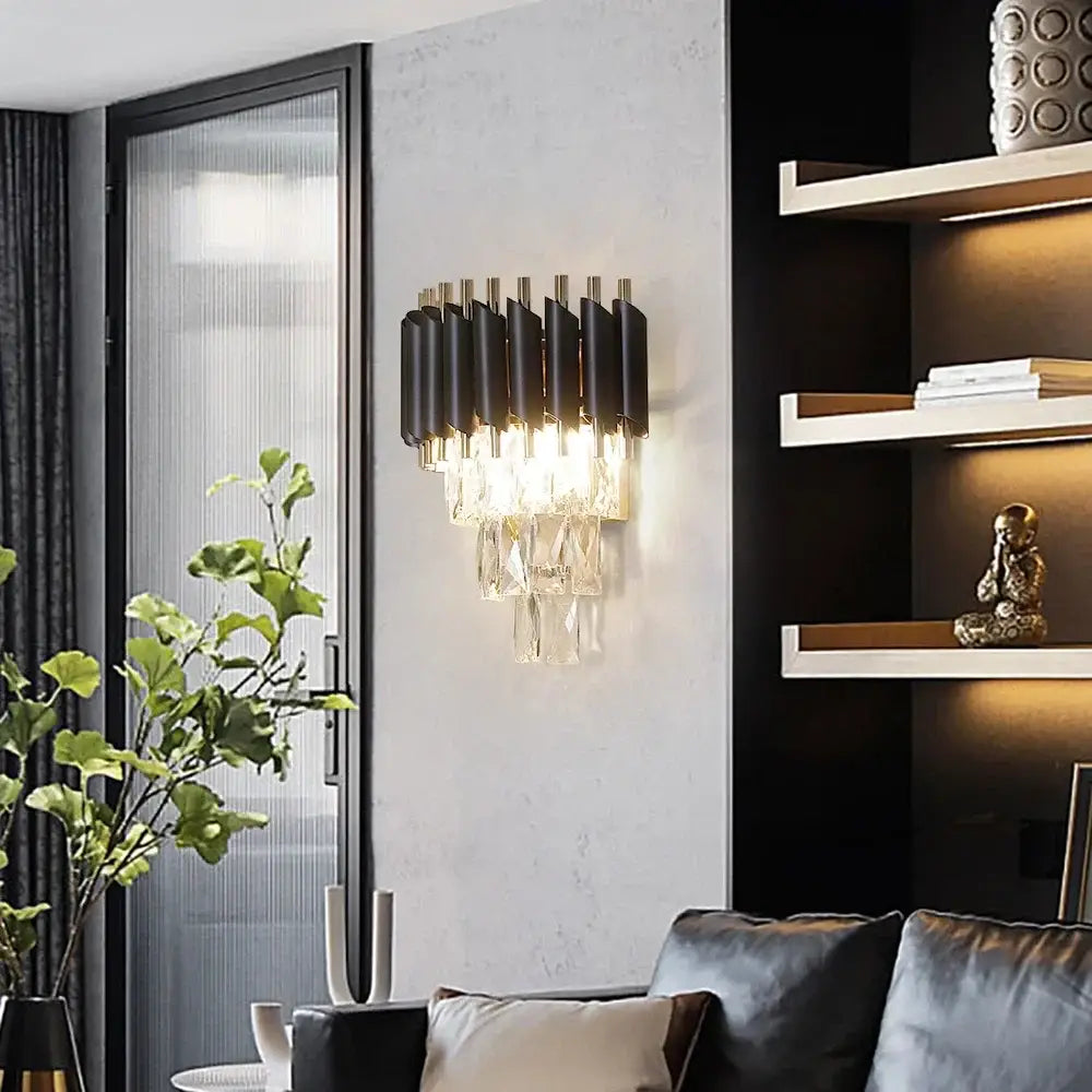 Modern black crystal led wall sconces with vertical cylindrical shades for bedroom lighting and wall decor
