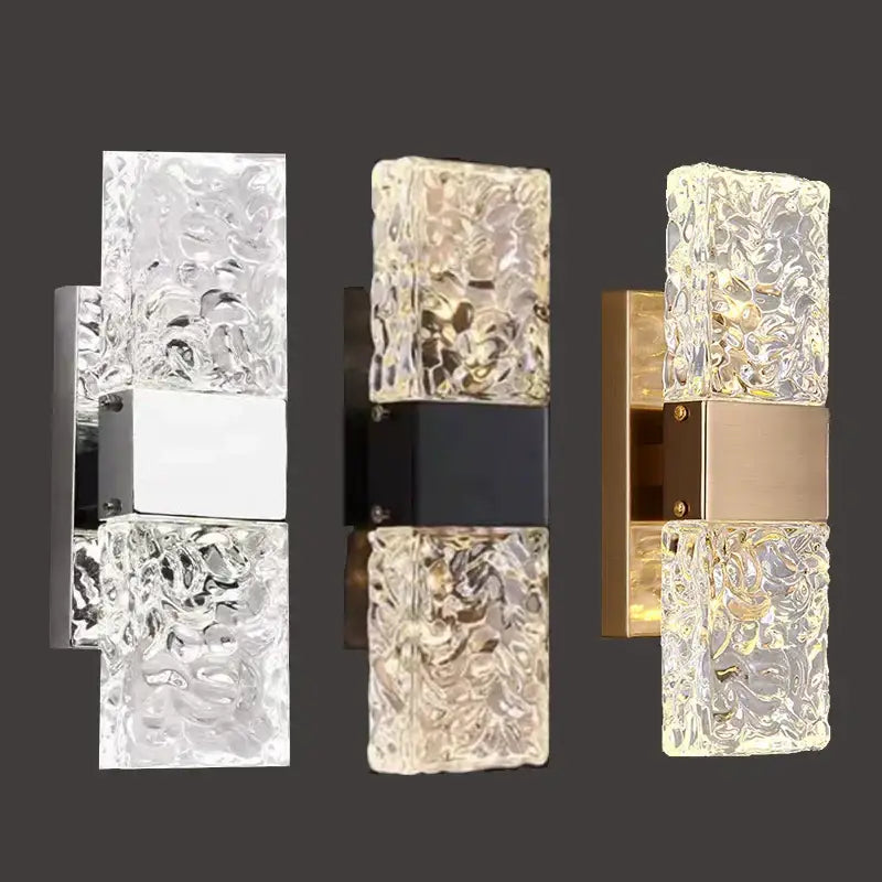 Modern textured glass led wall sconces in chrome black and gold finishes for bedroom lighting decor