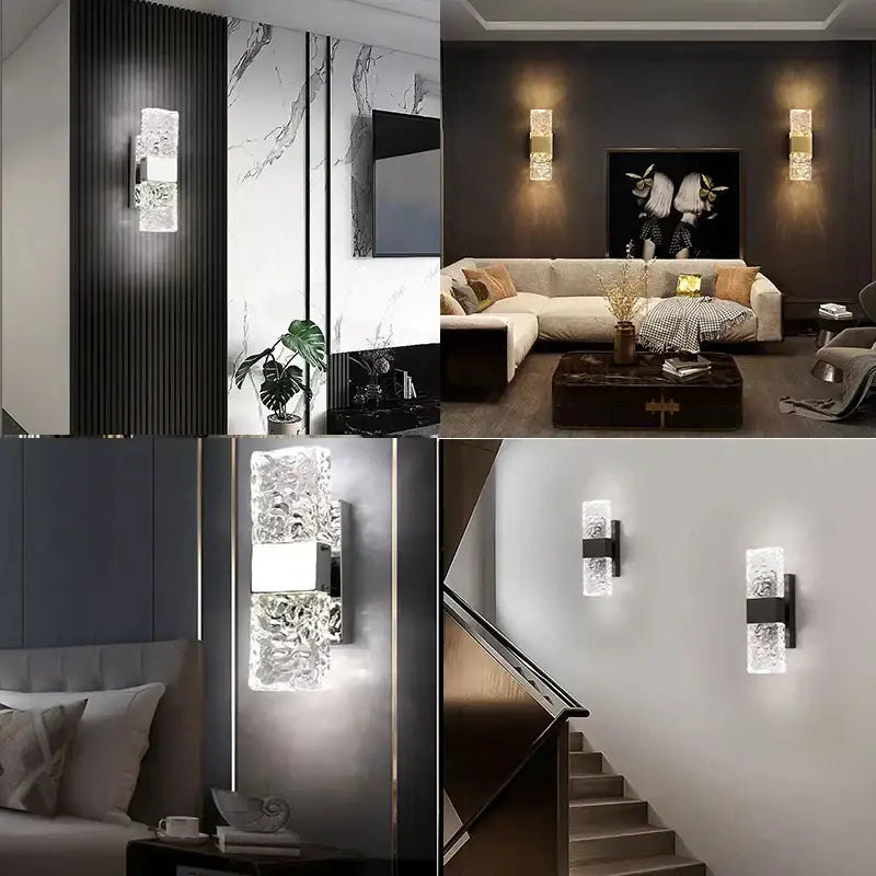 Modern crystal led wall sconces with sleek black metal frame and frosted glass panels for bedroom lighting