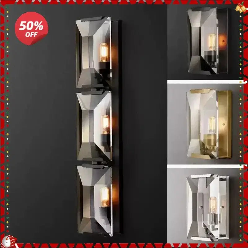 Modern geometric black crystal led wall sconces with three rectangular glass shades and exposed edison bulbs for bedroom decorbites crystal led wall