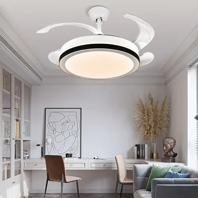 Modern white crystal light ceiling fan with integrated led light and sleek curved blades for bedroom use