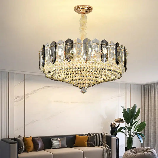 Modern gold tiered crystal light chandelier with clear and dark-cut crystals for elegant dining room decorbites crystal light