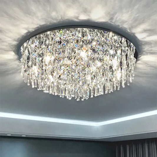 Modern black decorbites crystal light living room chandelier with circular frame and cascading clear crystal prisms ceiling light