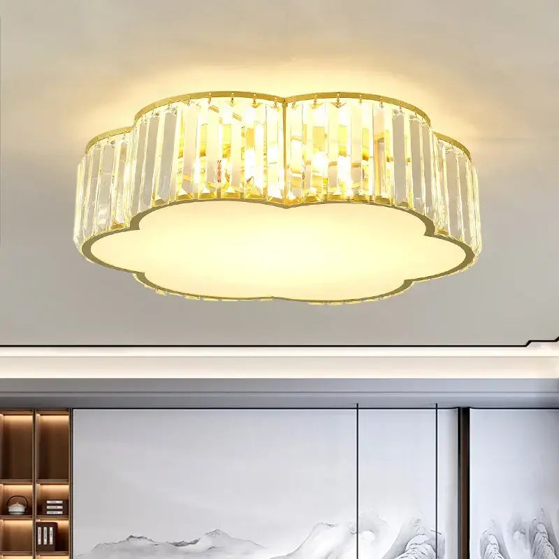 Modern cloud gold ceiling light with clear crystal rods and warm glow for living room decorbites crystal light