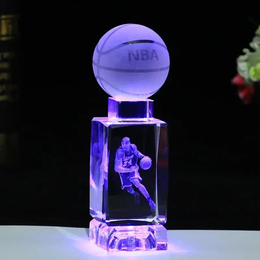 A translucent crystal lights basketball trophy lamp with an engraved player and nba glowing ball for bedroom decor