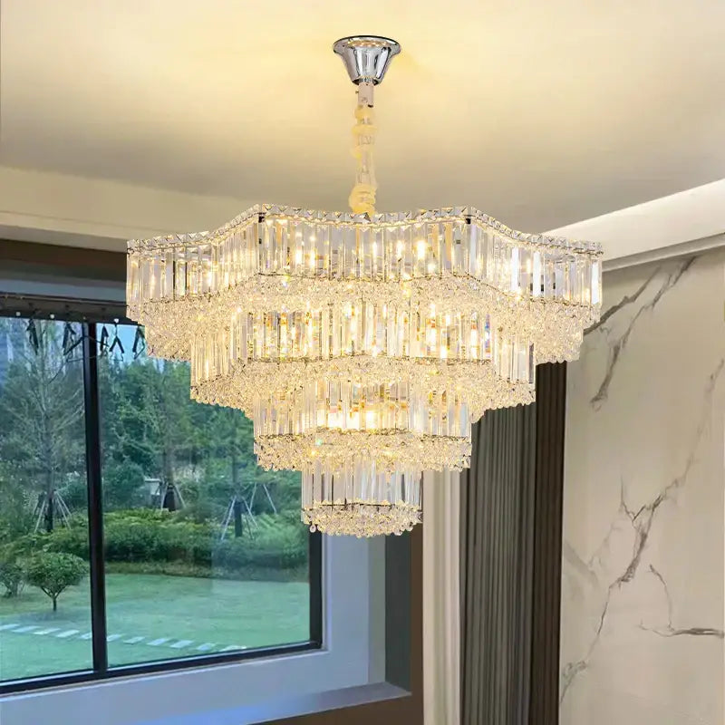 Modern luxury decorbites crystal livingroom chandelier with chrome finish and clear faceted glass rods for dining room decor