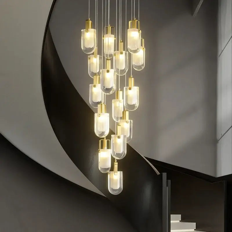 Modern gold cascading crystal loft chandelier with clear glass pendant lights for living room lighting