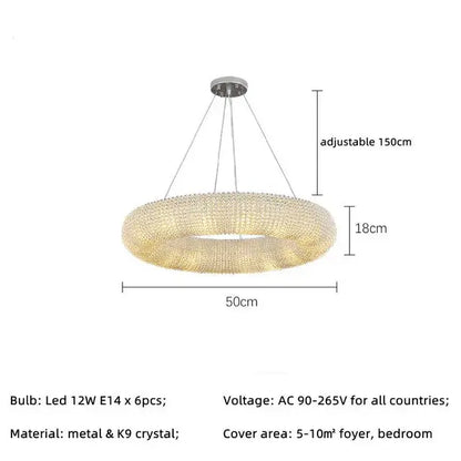 DecorBites™ Crystal Loft Chandelier: Modern Luxury Circle Pendant Lamp for Living Room Lighting