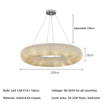 DecorBites™ Crystal Loft Chandelier: Modern Luxury Circle Pendant Lamp for Living Room Lighting
