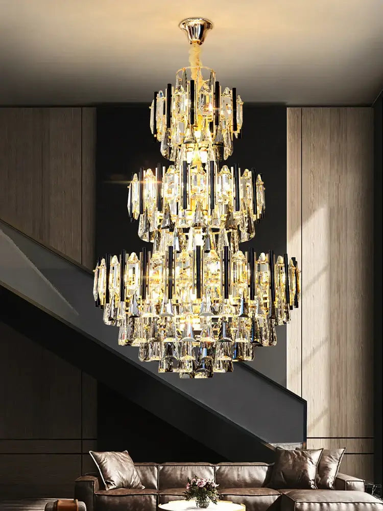 Modern crystal gold and black pendant light featuring a multi-tiered crystal loft chandelier for living room decorbites decor